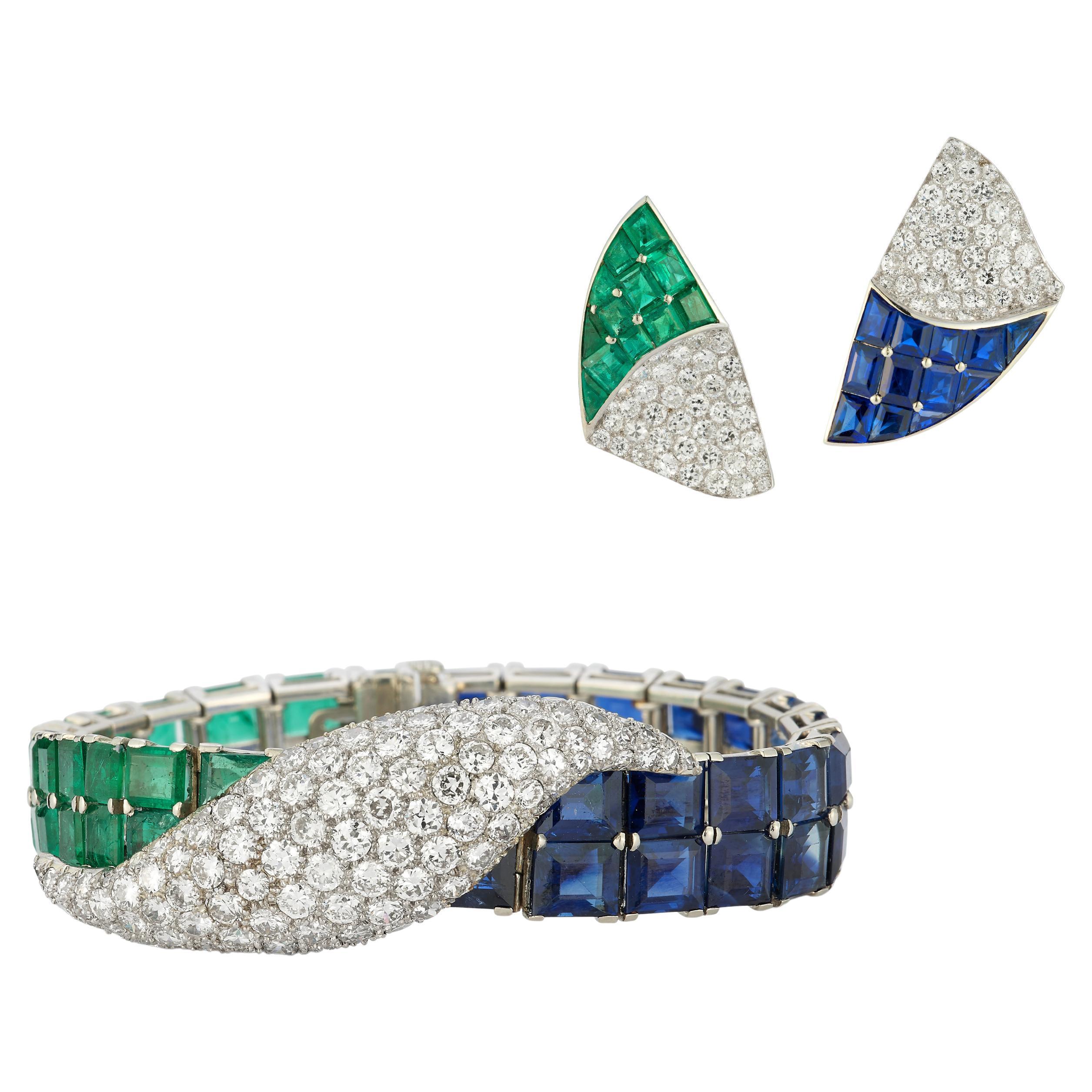 Paul Flato Emerald Sapphire & Diamond Bracelet & Earrings Set For Sale