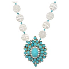 Turquoise & Rock Crystal Bead Pendant Necklace