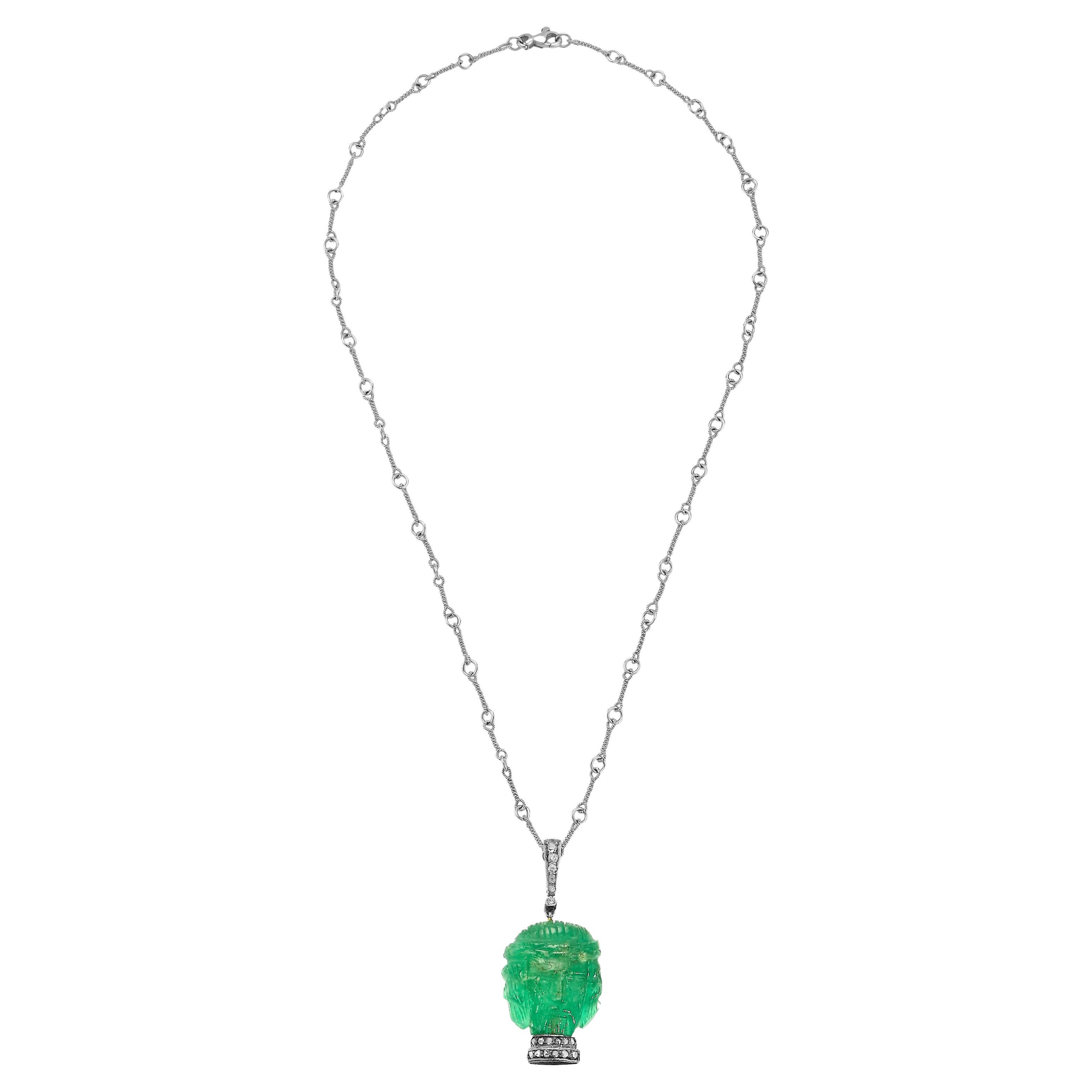 Certified Carved Emerald Jesus Pendant Necklace