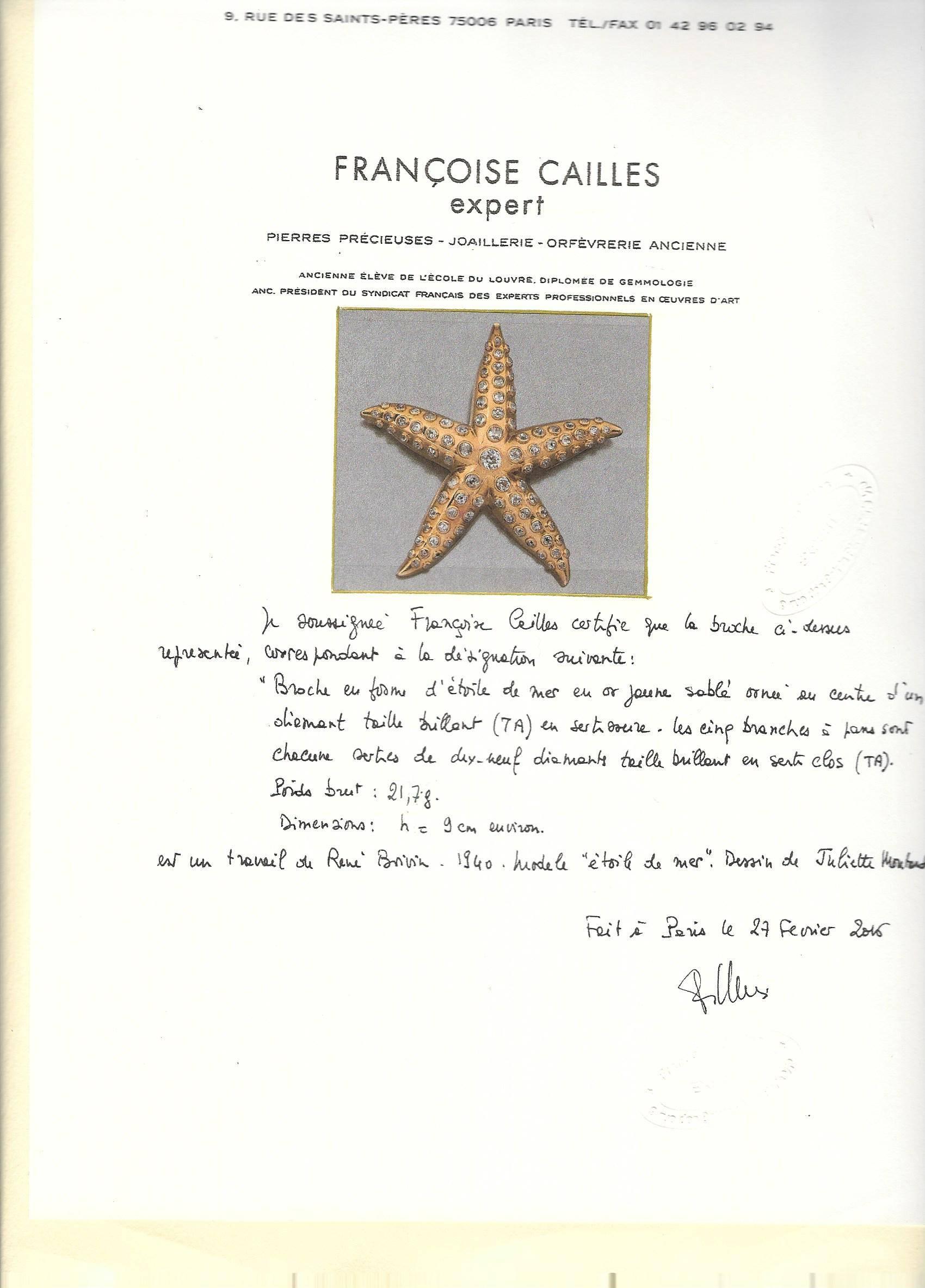Old European Cut Rene Boivin Iconic Diamond Gold Starfish Brooch For Sale
