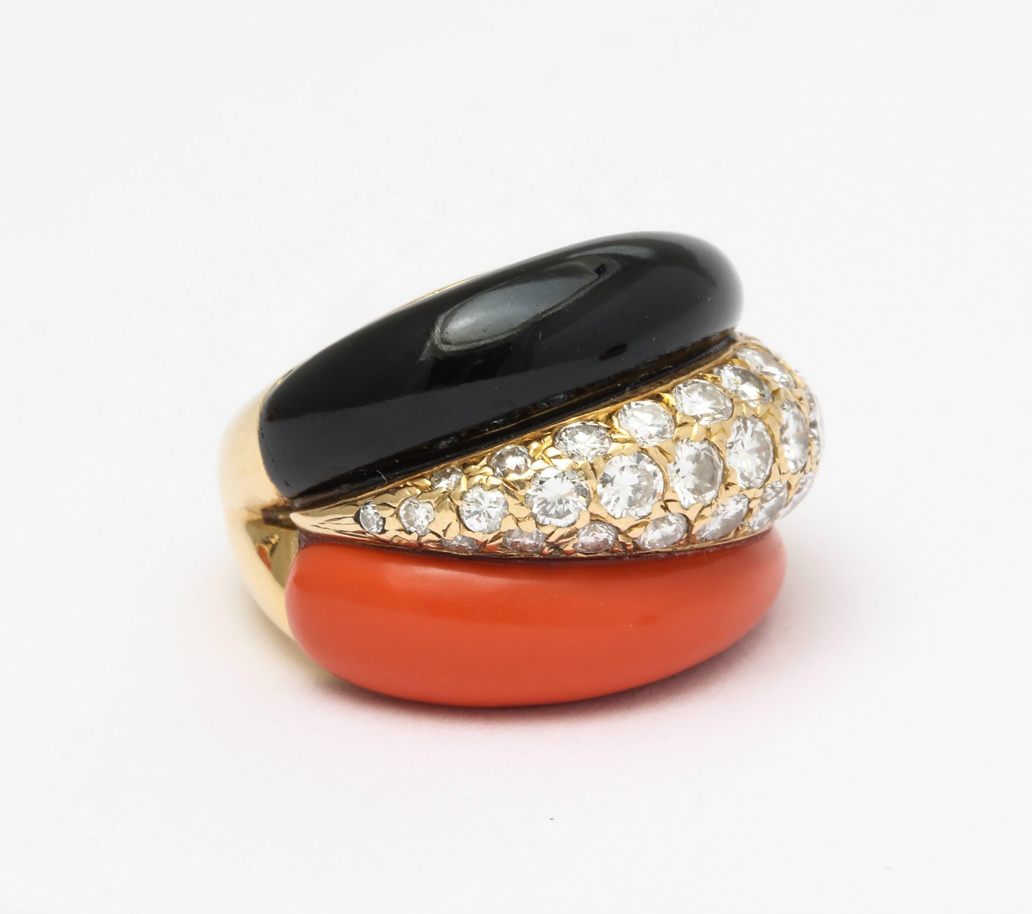 Vintage Van Cleef & Arpels Paris Coral Onyx Diamond Earrings and Ring 1