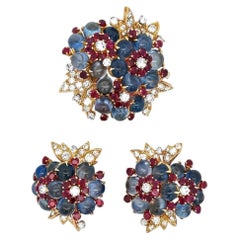 Bvlgari Sapphire Flower Brooch And Earrings Set