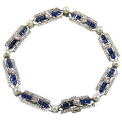 Art Deco French Cultured Pearl Calibre Sapphire Diamond Platinum Bracelet 10