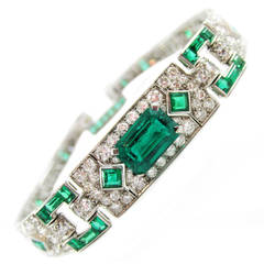Antique Cartier Art Deco Emerald Diamond Platinum Bracelet