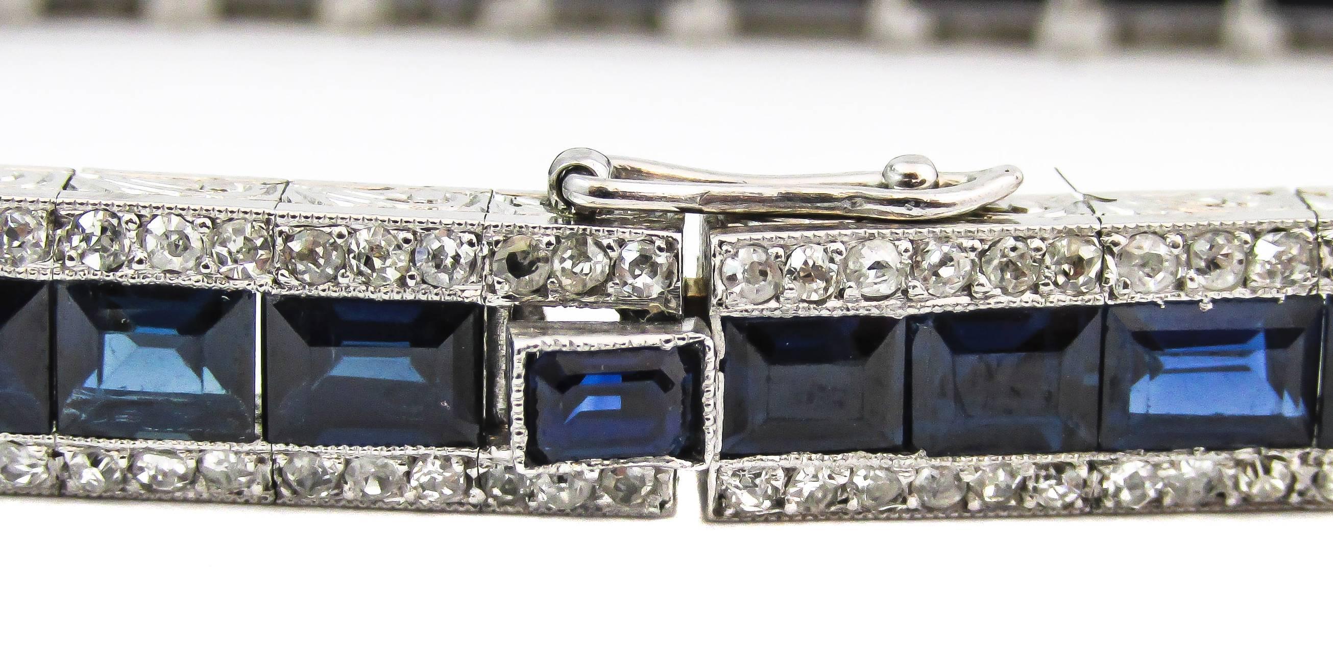 French Art Deco Sapphire Diamond Platinum Bracelet In Excellent Condition In New York, NY