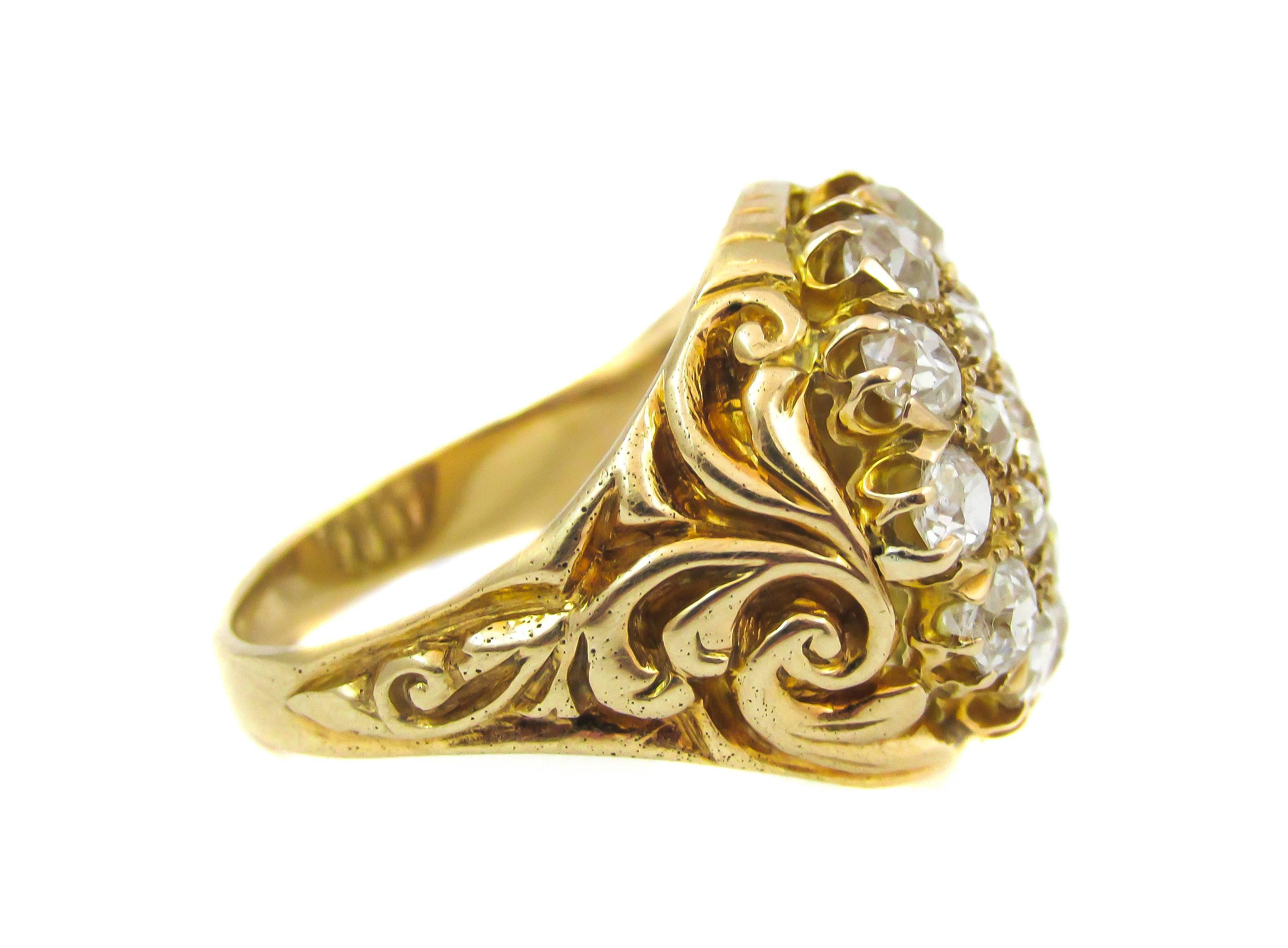 Stunning 18 karat gold old cut diamond princess ring pave set with 19 round cut diamonds weighing approximately 3 carats total. This finely handcrafted ring displays the wonderful craftsmanship and designs from the Victorian era. The ring's fine