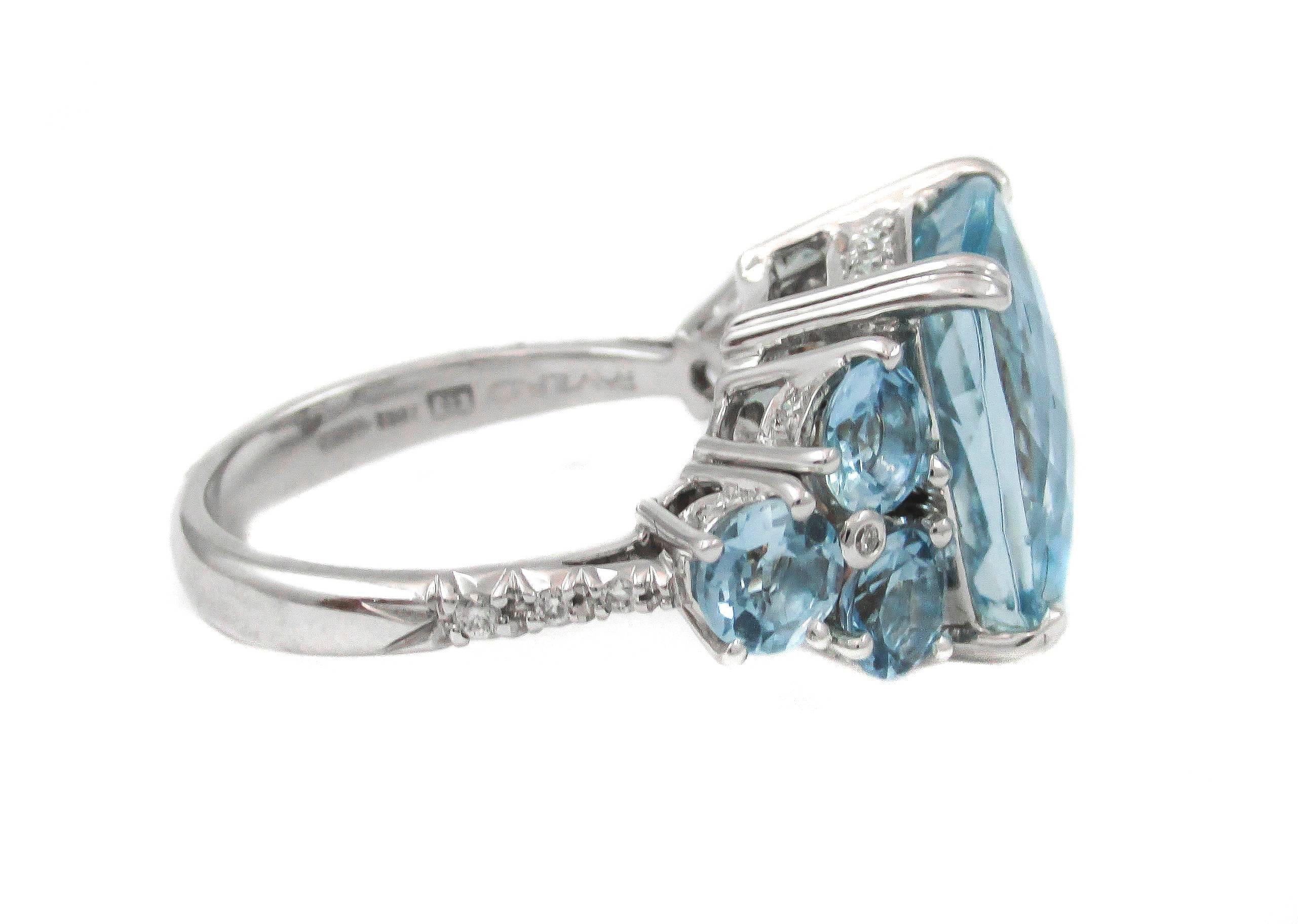 Exceptional 18 karat white gold diamond and aquamarine ring by Italian designer Mariano Favero. In the 1970s Favero started manufacturing stylish, wearable and well-crafted jewelry and soon thereafter became well known for his understanding of