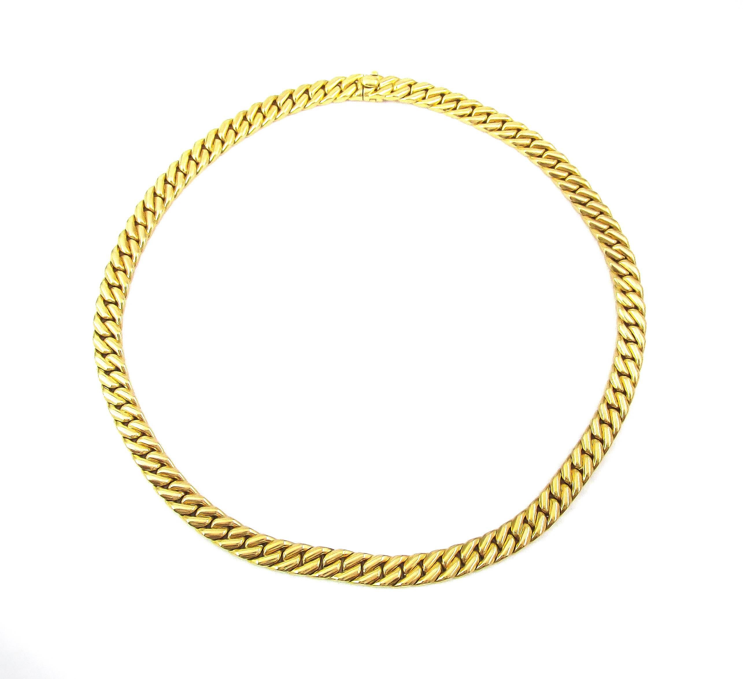 18 karat yellow gold braided chain link necklace by Mauboussin Paris, ca 1980. An elegant piece of jewelry and wearable for any occasion.

- 15.5” long x 0.25”
- Stamped Mauboussin Paris
- Numbered 17052
- Hallmarks and markers mark
- 78.6