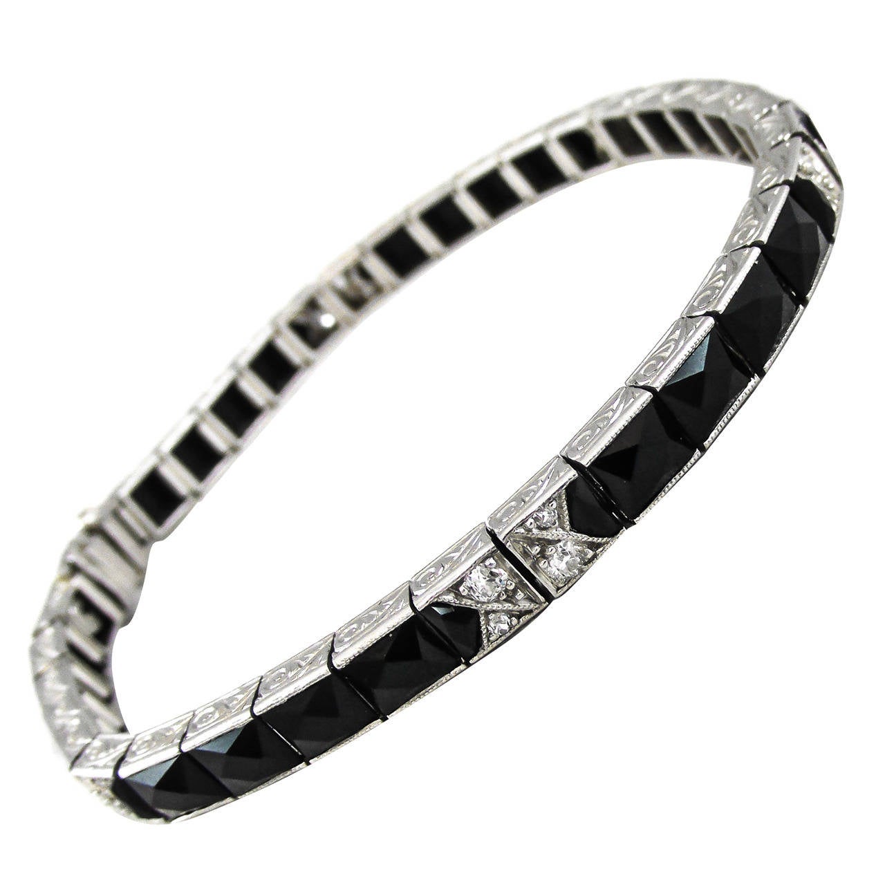 Black Starr & Frost Art Deco Onyx Diamond Platinum Bracelet