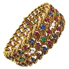1960s Boucheron Paris Ruby Sapphire Emerald Diamond Gold Bracelet