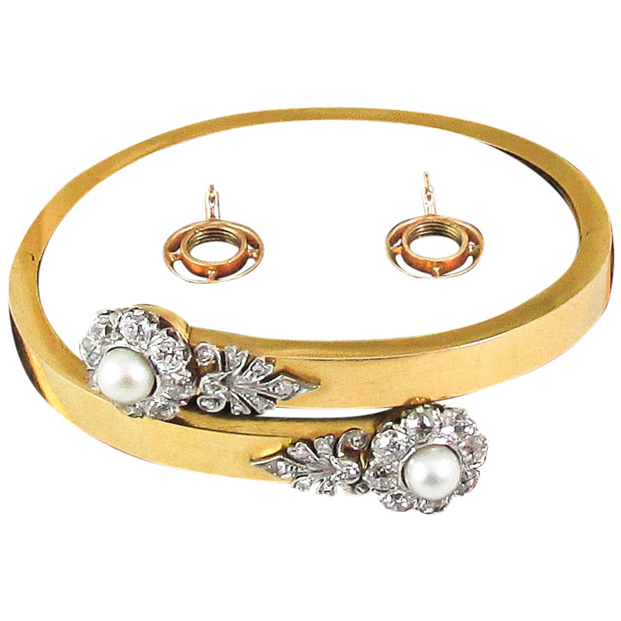 Antique Natural Pearl Diamond Gold Platinum Crossover Bangle Bracelet