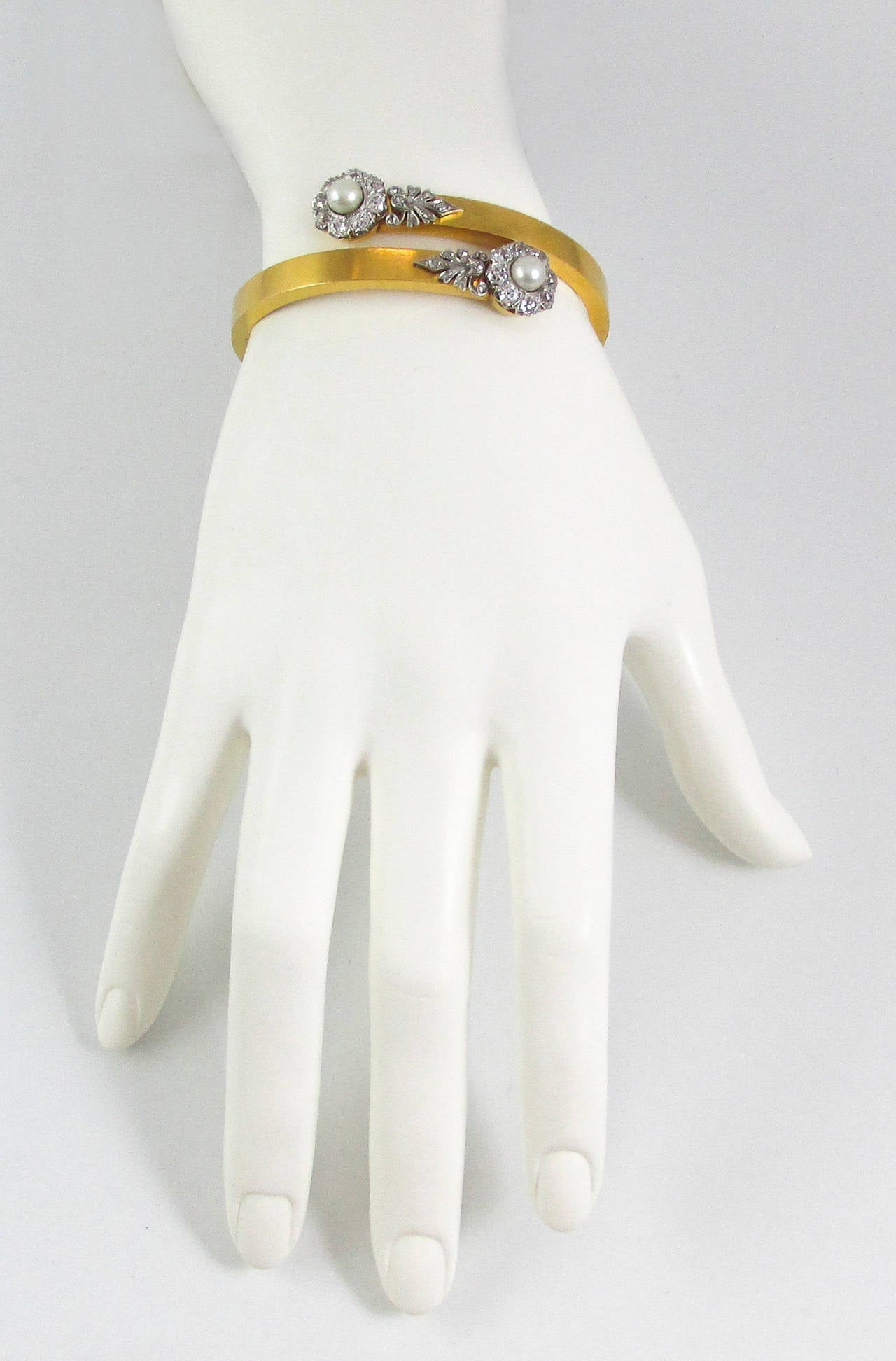 Women's Antique Natural Pearl Diamond Gold Platinum Crossover Bangle Bracelet