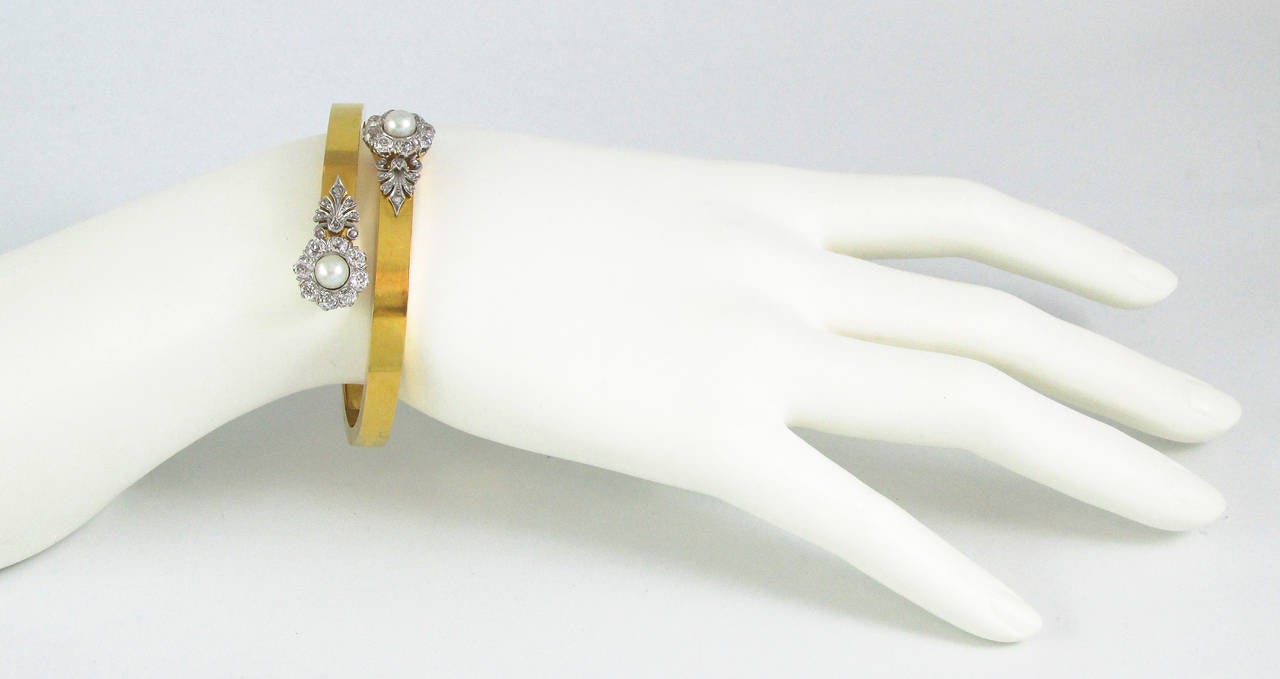 Antique Natural Pearl Diamond Gold Platinum Crossover Bangle Bracelet 1