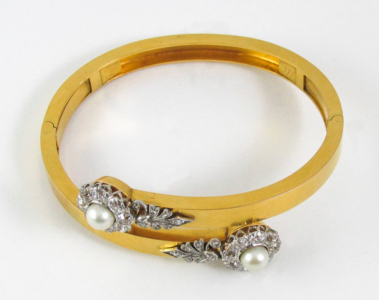 Belle Époque Antique Natural Pearl Diamond Gold Platinum Crossover Bangle Bracelet