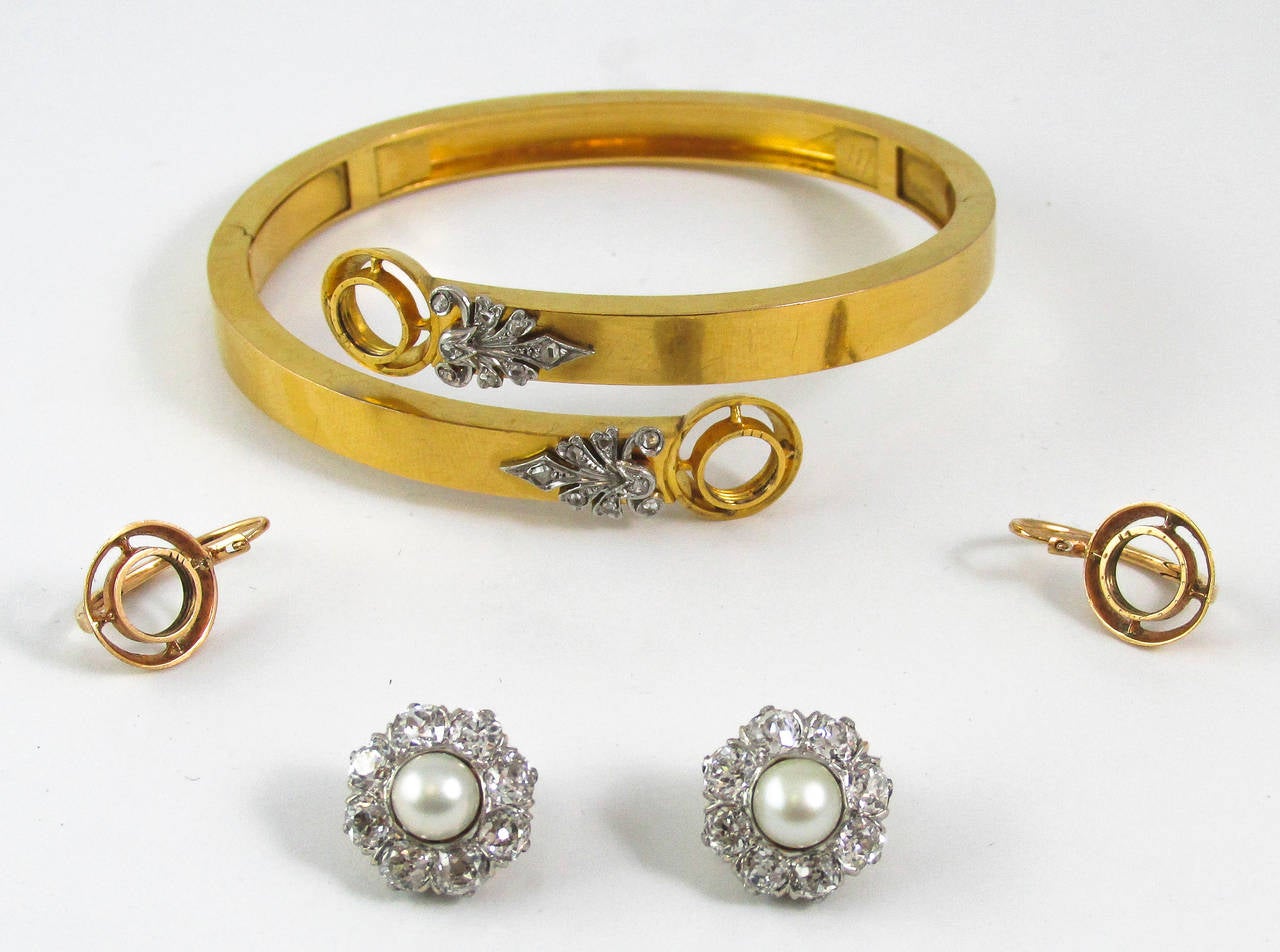 Antique Natural Pearl Diamond Gold Platinum Crossover Bangle Bracelet 4