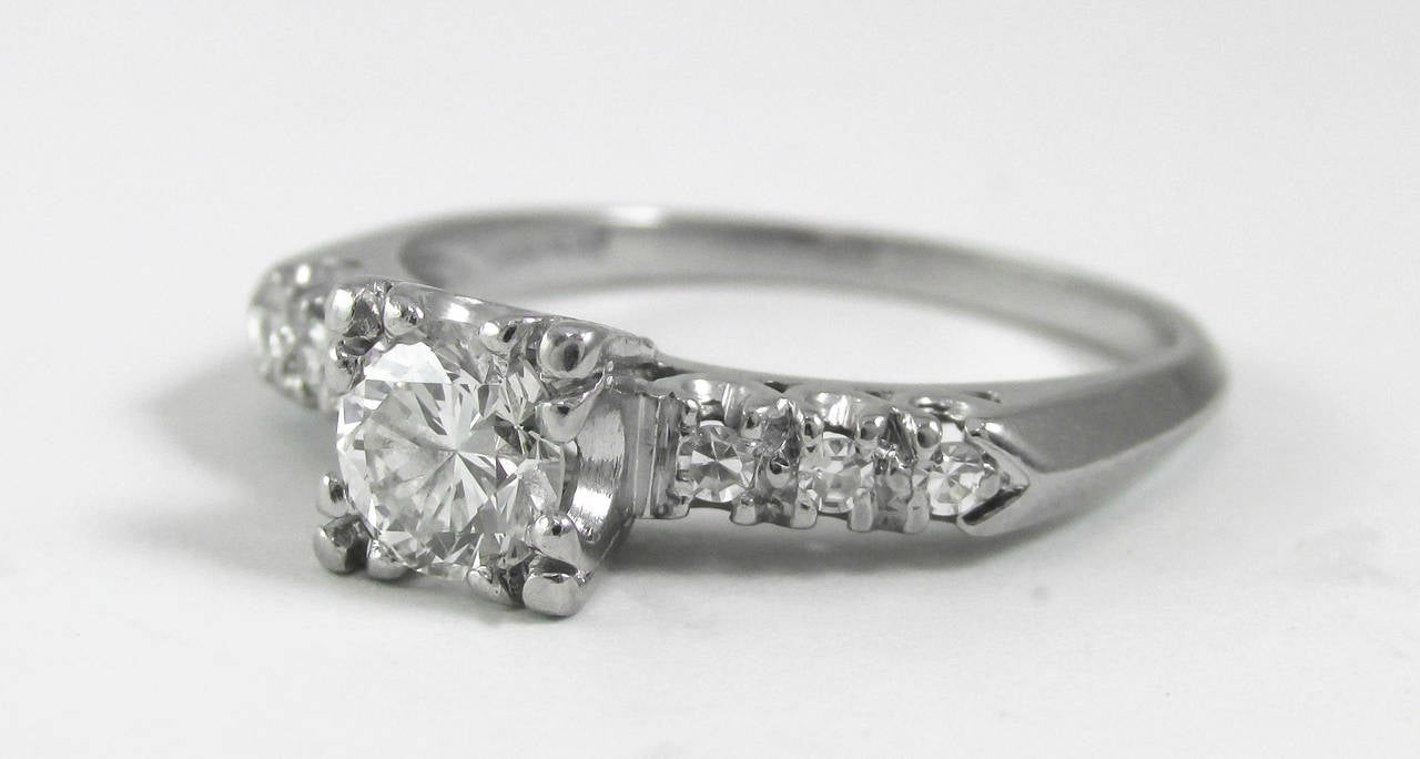 1950 Era Diamond Platinum Solitaire Engagement Ring In Excellent Condition In New York, NY