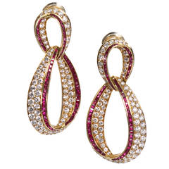 Vintage Diamond Ruby Ribbon Hoop Earrings