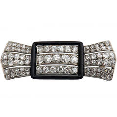 Antique French Art Deco Black Enamel Diamond Platinum Brooch