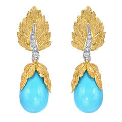 Vibrant Florentine Style Turquoise And Diamond Yellow Gold Earrings