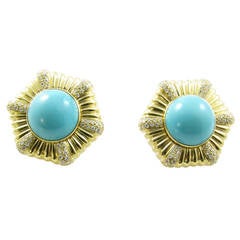 Vintage A Fabulous Pair of Turquoise Diamond Gold Earrings