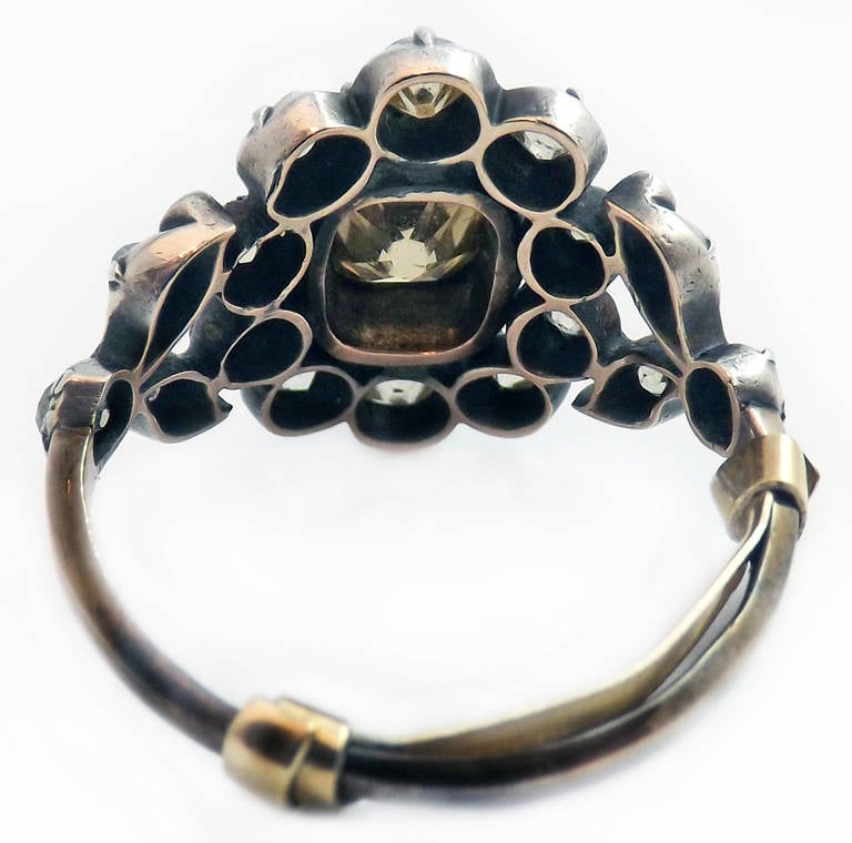 Early Victorian silver, yellow gold, natural brown diamond ring, ca. 1870, center diamond approx. 1.50 cts, size 10, sizable ring