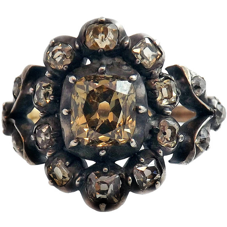 Victorian Silver Natural Brown Diamond Yellow Gold Ring