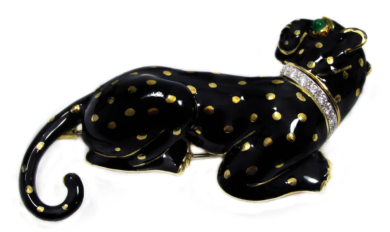 David Webb Enamel Emerald Yellow Gold Diamond Platinum Panther Brooch