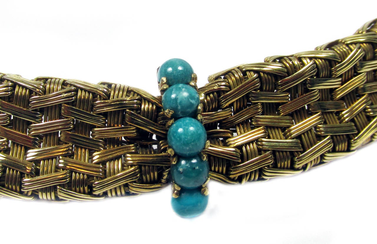 Retro 18 karat yellow gold and turquoise necklace, 10 turquoise beads