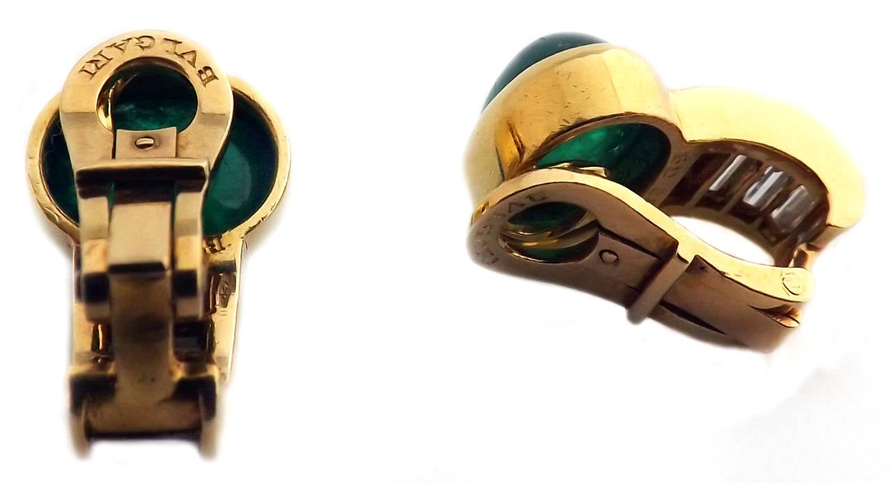 Bulgari 18 karat yellow gold cabochon emerald baguette diamond ear clips, signed Bulgari and numbered