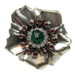 Cartier Paris Emerald Ruby Diamond Gold Platinum Flower Brooch 6