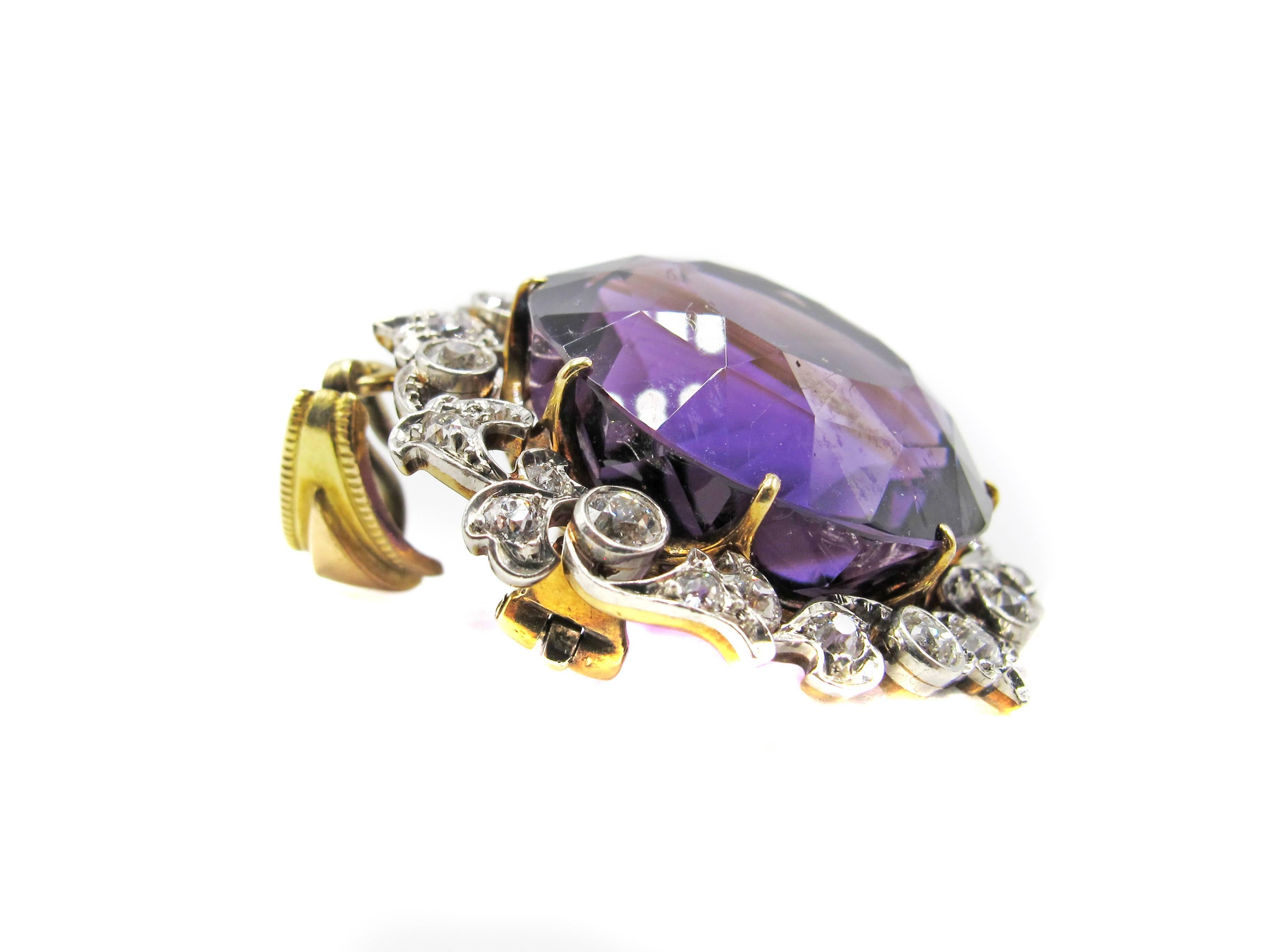 Belle Epoque Amethyst Diamond Pendant-Brooch In Excellent Condition In New York, NY
