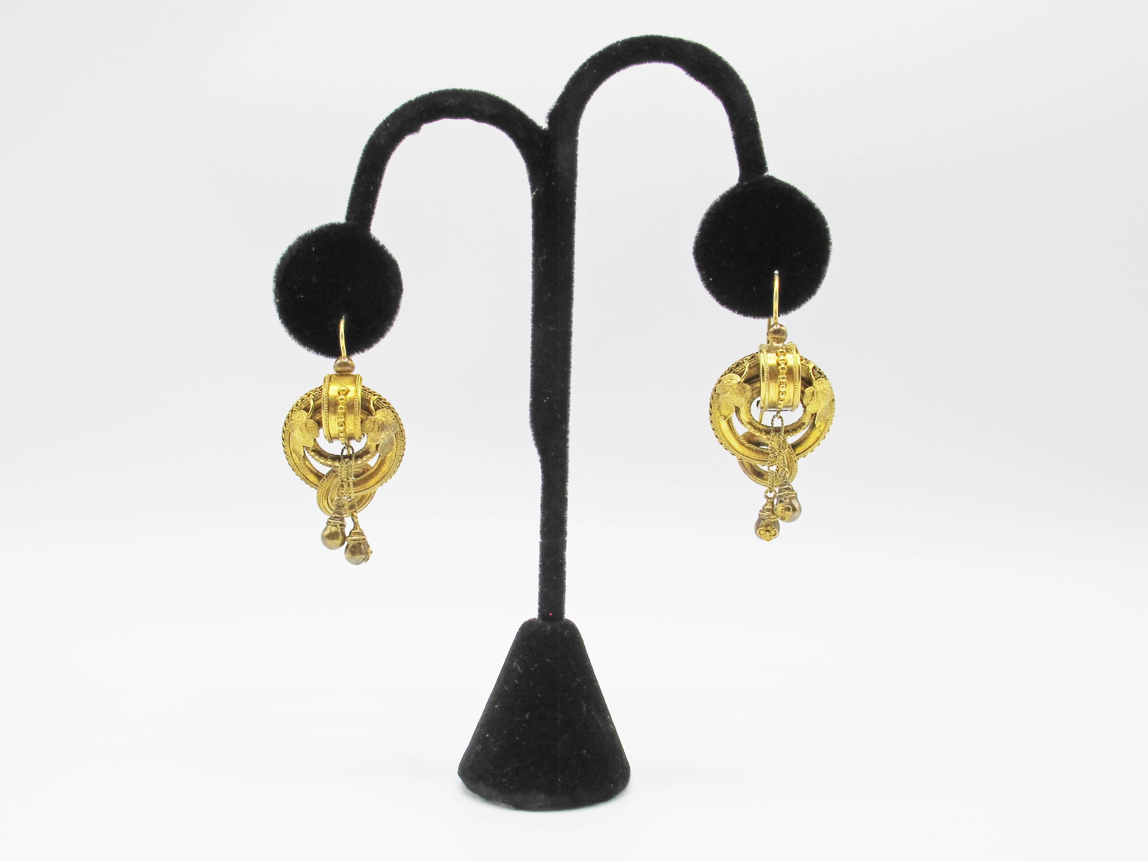 Victorian Etruscan Revival Gold Earrings In Excellent Condition In New York, NY