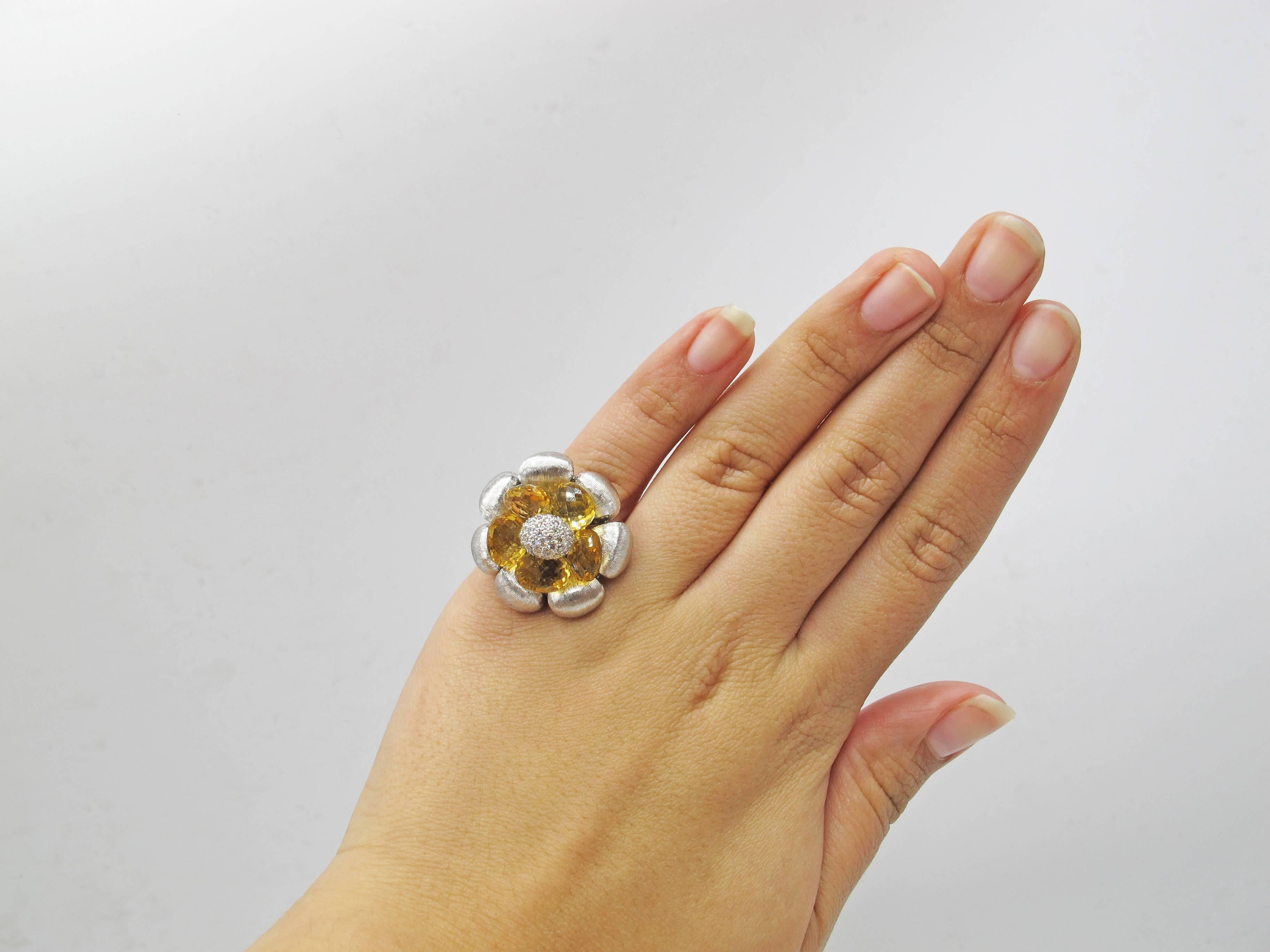 White Gold Diamond Citrine Flower Ring 1