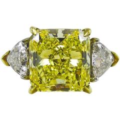 6.61 Carat Natural Fancy Intense Yellow Radiant Cut Diamond gold platinum Ring 3