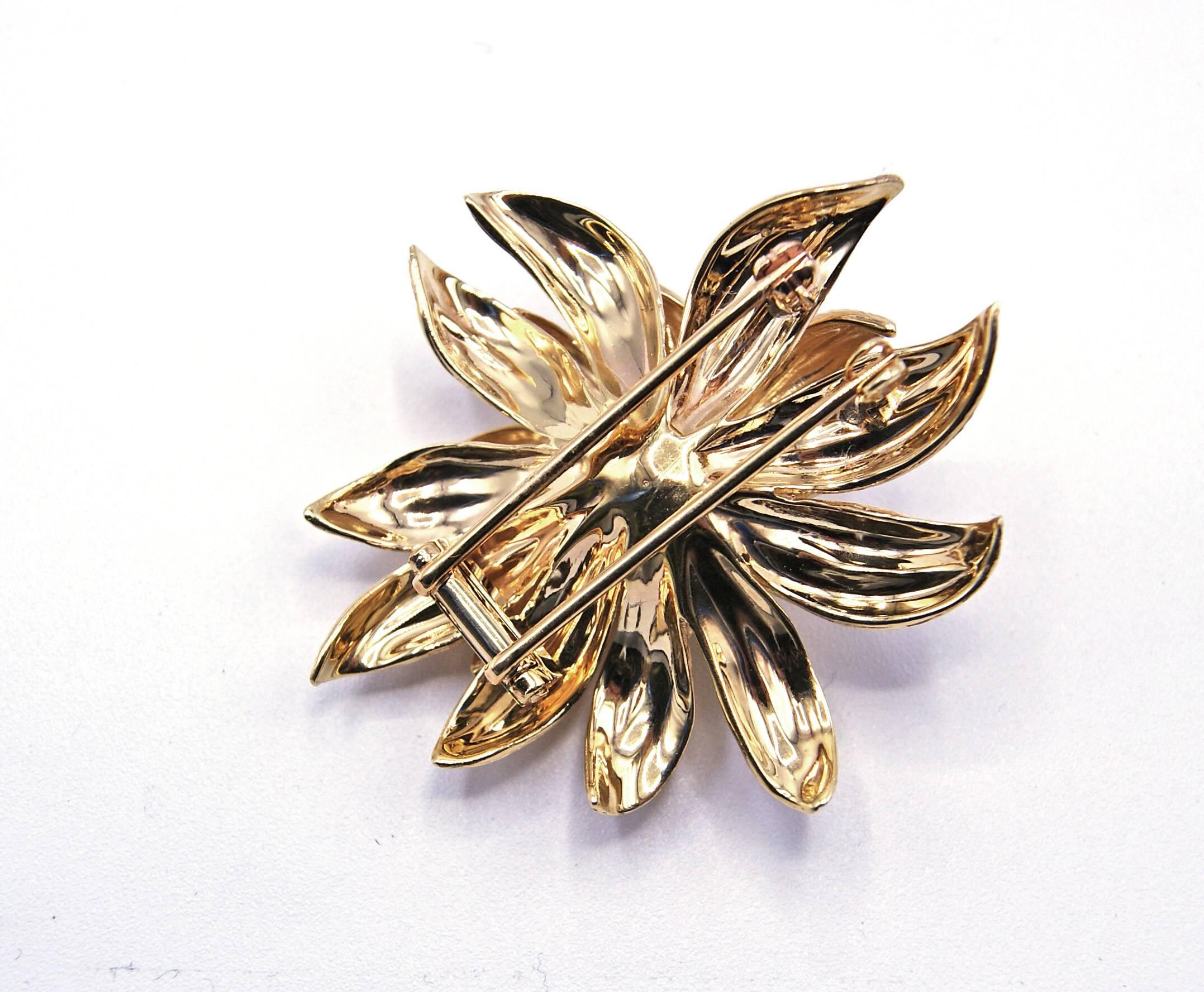 Floral Yellow Gold Brooch Ear Clips Set In Excellent Condition In New York, NY