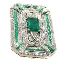 Art Deco Colombian Emerald Diamond Platinum Pendant Brooch