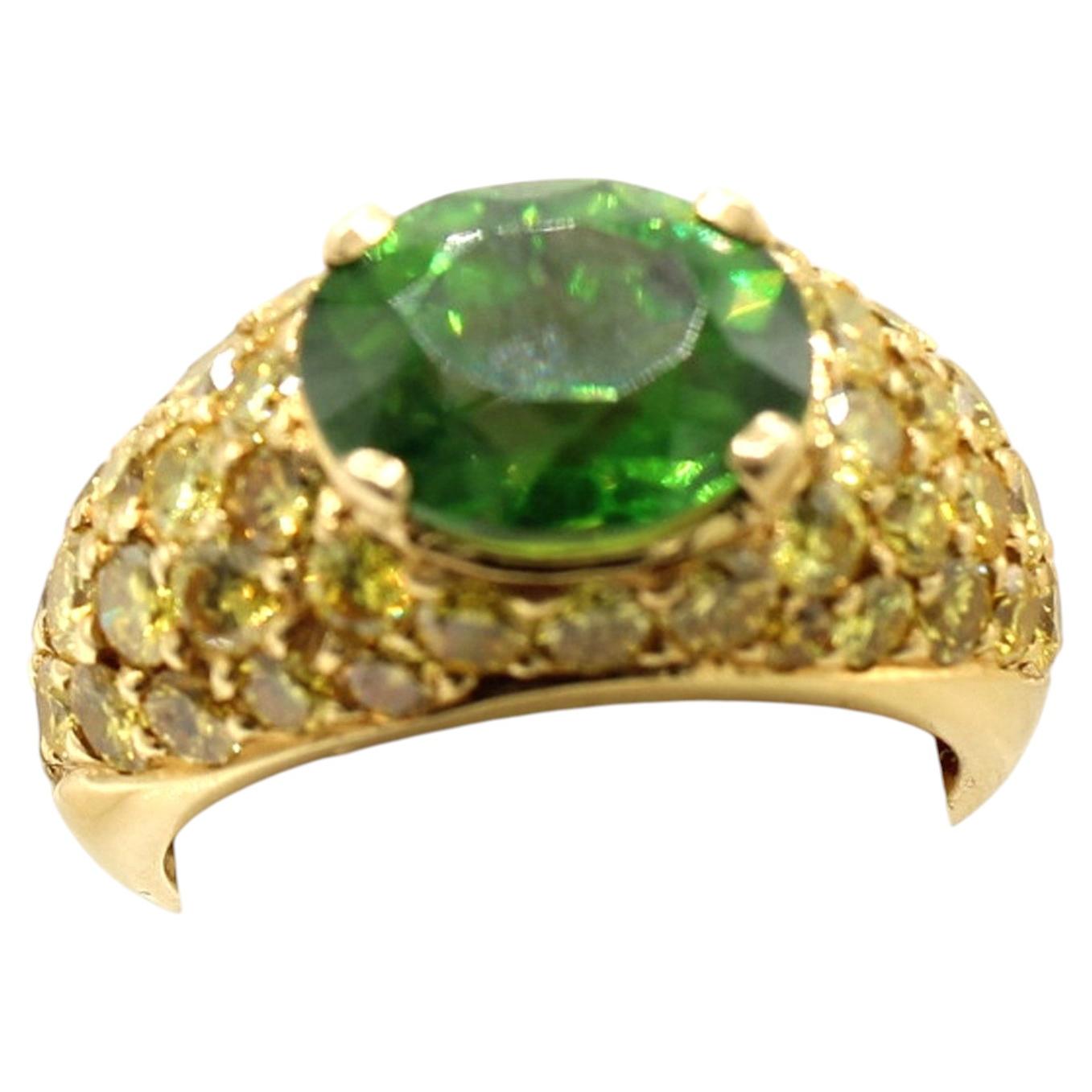 Russian Demantoid Fancy Vivid Yellow Diamond 18 Karat Yellow Gold Ring