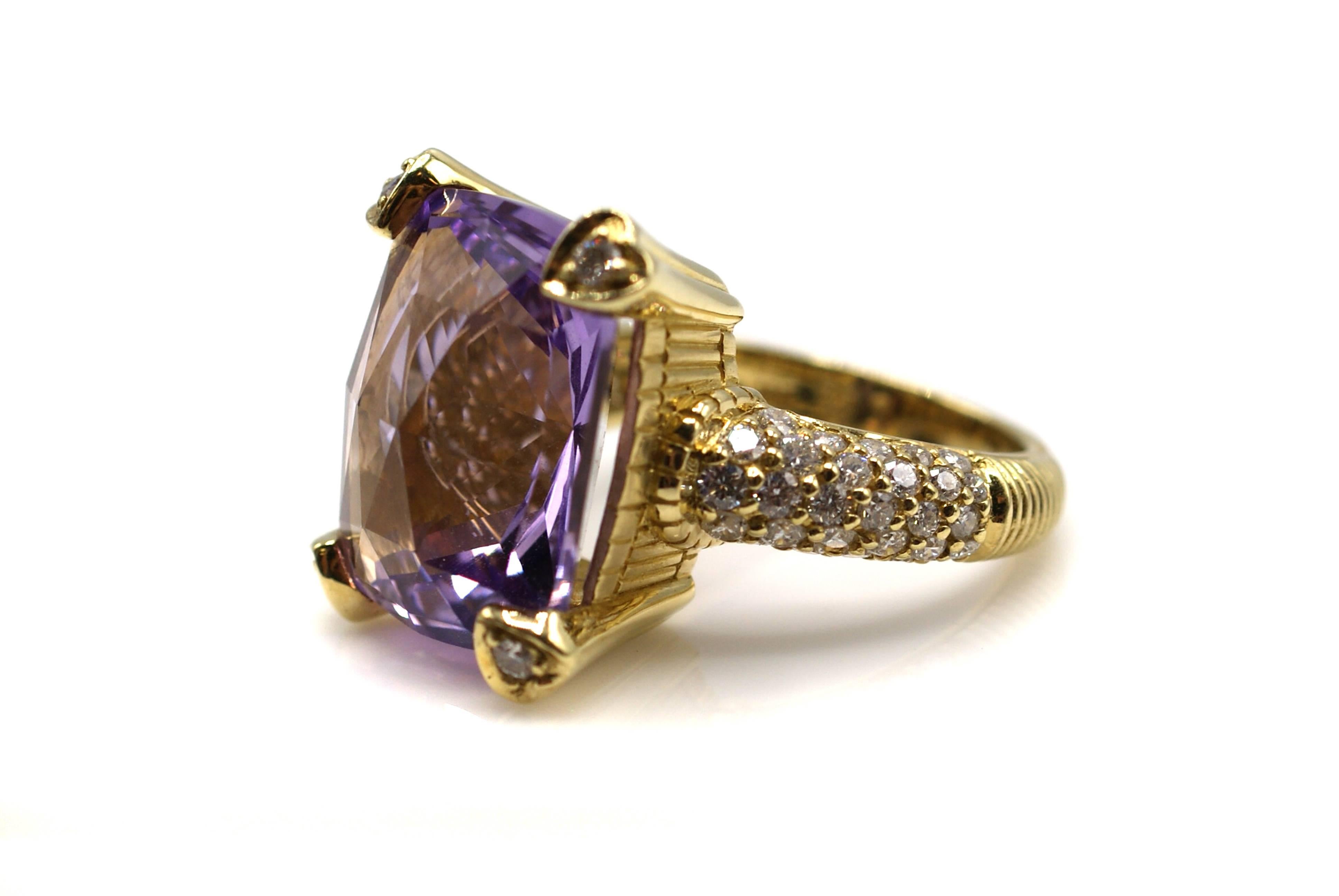 Chic Amethyst diamond ring by Judith Ripka , hand crafted in 18 Karat yellow gold. The bright and lively Amethyst is uniquely faceted both on the top and bottom to bring out maximum life and color. Each of the four corners of the Amethyst is set in
