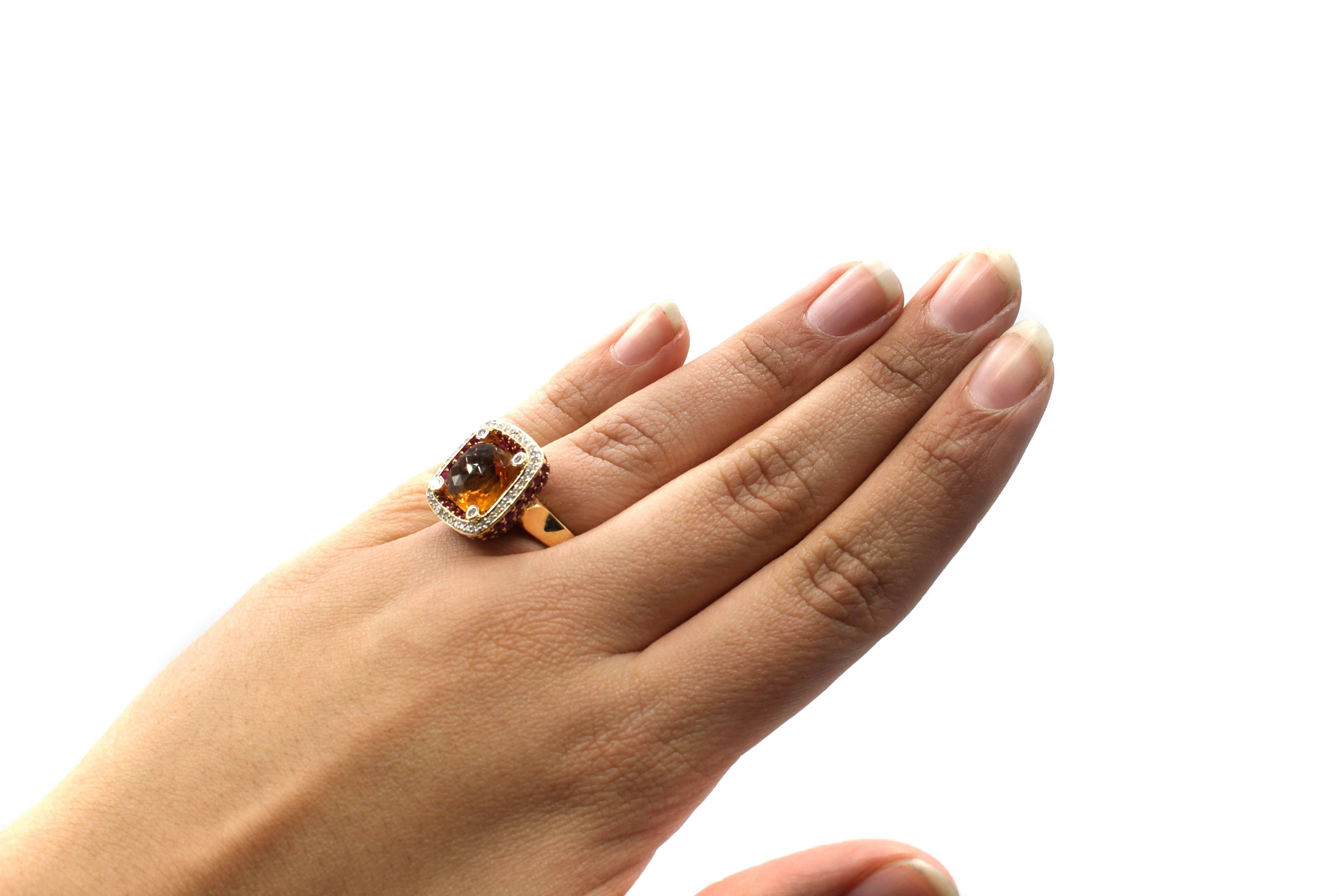 3.12 Carat Rose Cut Faceted Citrine Diamond and Pink Sapphire Gold Ring 2