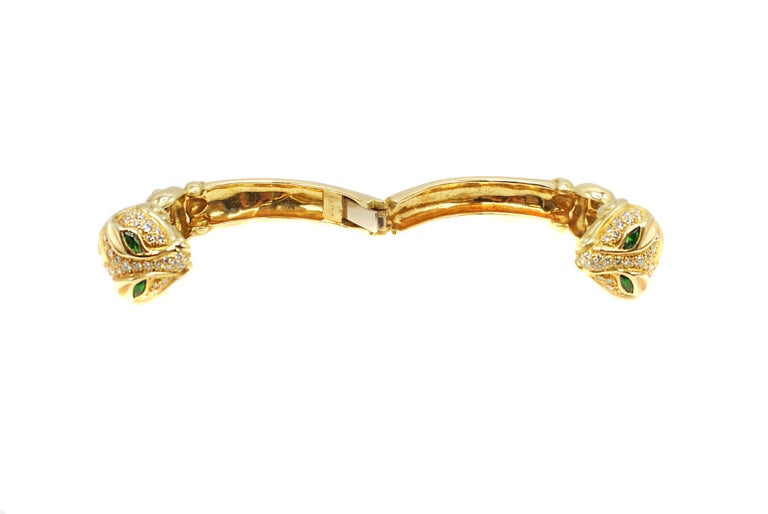 Diamond Tourmaline 18 Karat Gold Snake Head Bangle Bracelet For Sale at