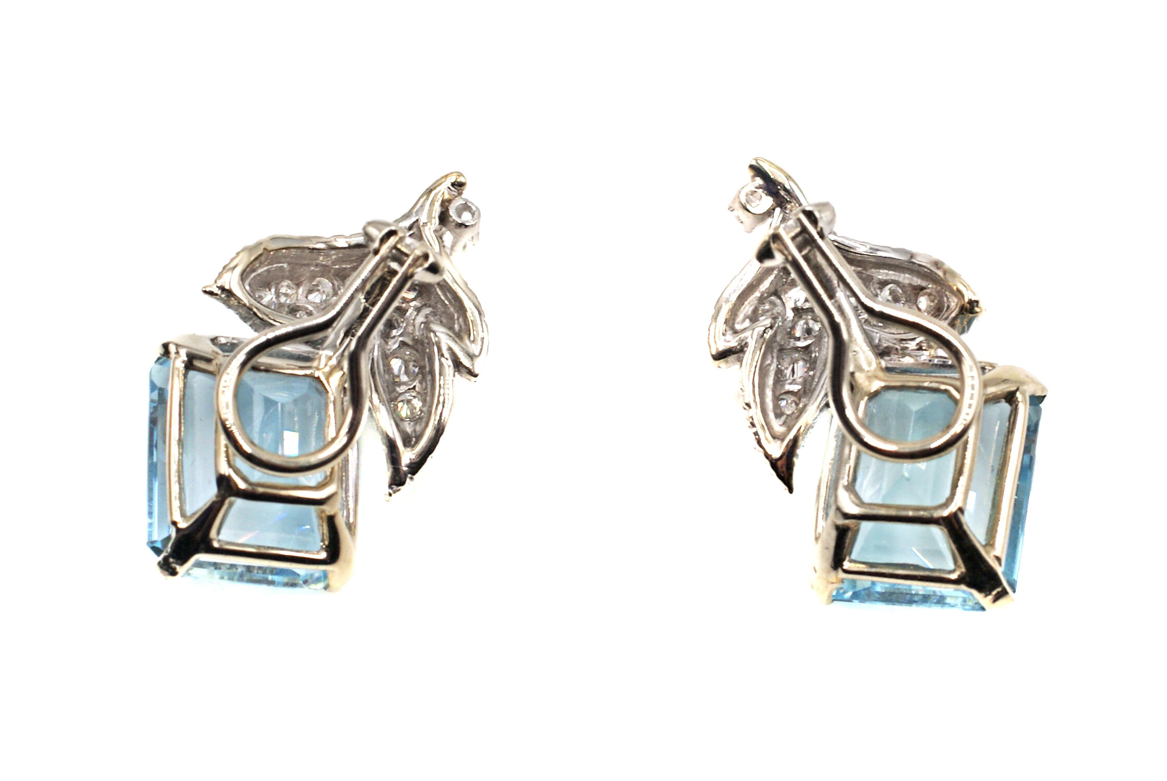 This pair of stunning and chic platinum earrings are set with 2 lively and brilliant sky-blue rectangular step-cut aquamarines.  Both Aquamarines are measured to weigh approximately 10 carats each with a combined total weight of approximately 20
