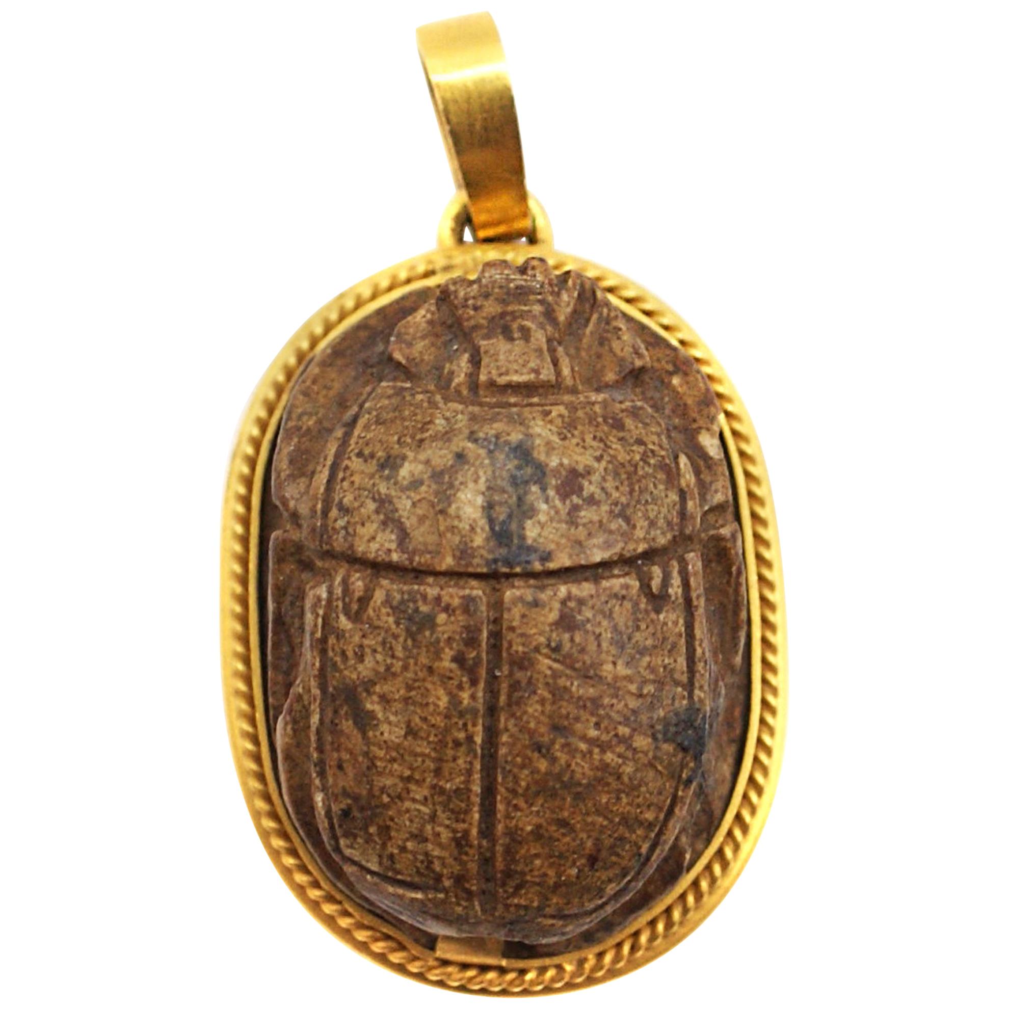 Egyptian Revival 18 Karat Gold Wood Scarab Pendant