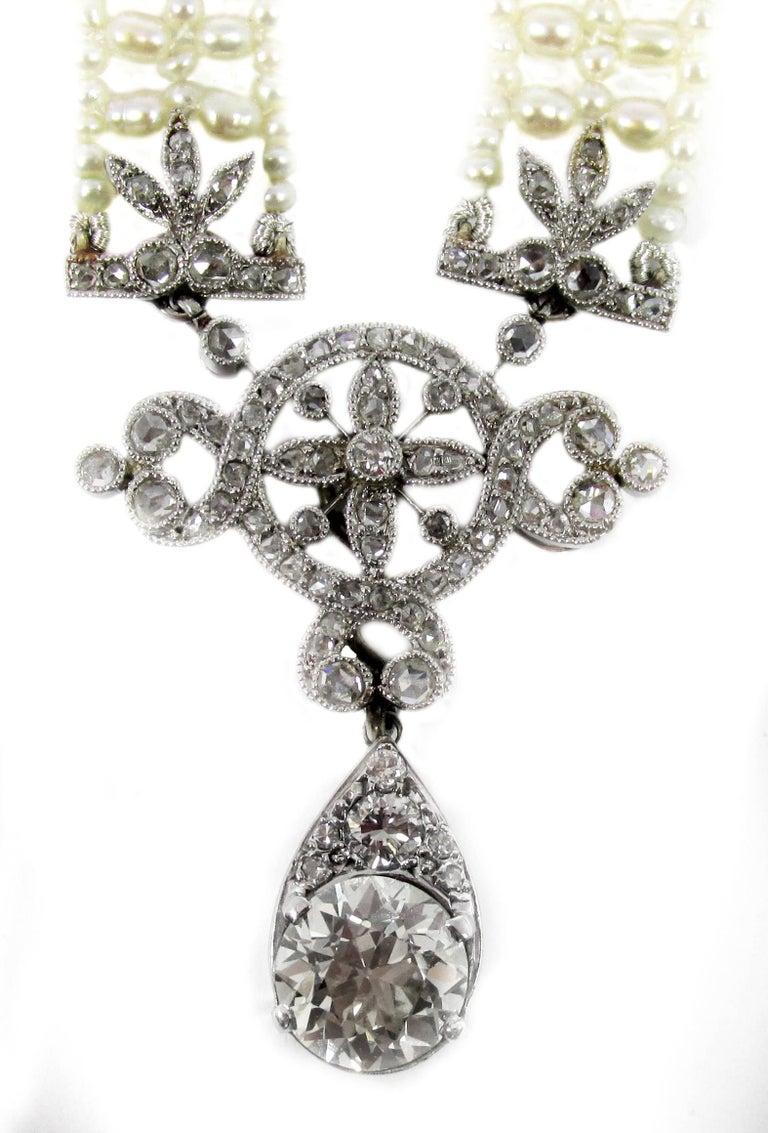Edwardian Platinum Diamond Seed Pearl Sautoir and Bracelet Parure For ...