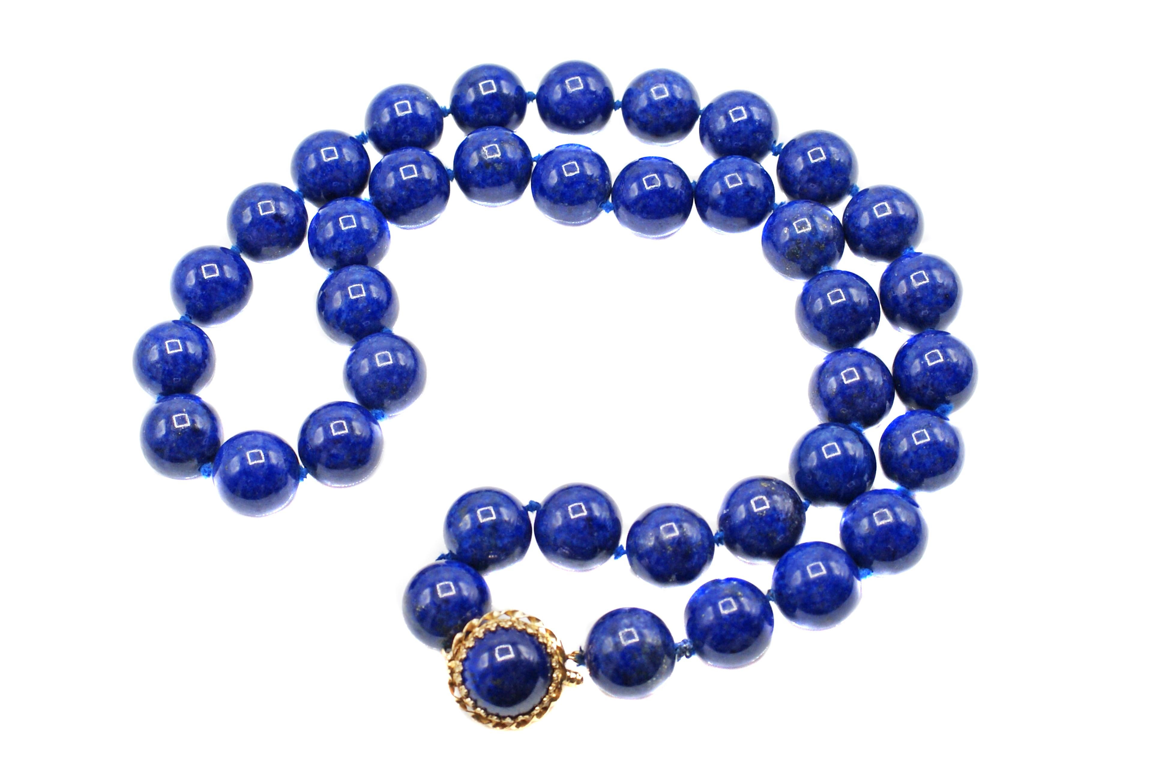 This amazing strand of 38 beads of royal blue natural lapis lazuli is perfectly matched in size and color. The average diameter of the beads measure 15.20 millimeters or 0.60 inches. Each bead has a beautiful uniform blue throughout the entire