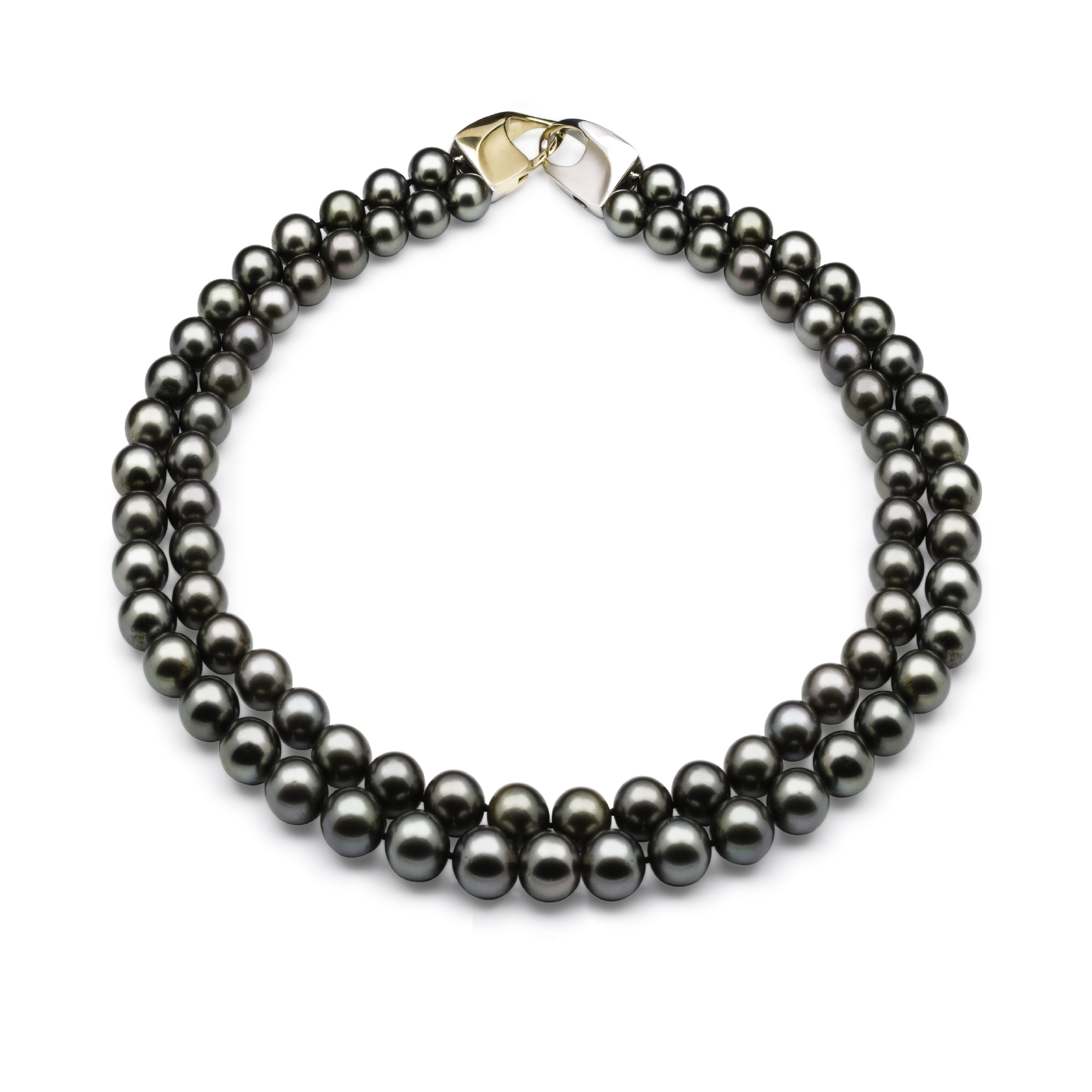 Tahitian black beauty...

2 rows of Tahitian South Sea pearls ranging in size from 8 mm to 11 mm, 
they are round in shape, grade 1 in quality, fine nacre, 2 luster, beautifully matching dark green grey colors.

The 2 strands together consist of 83