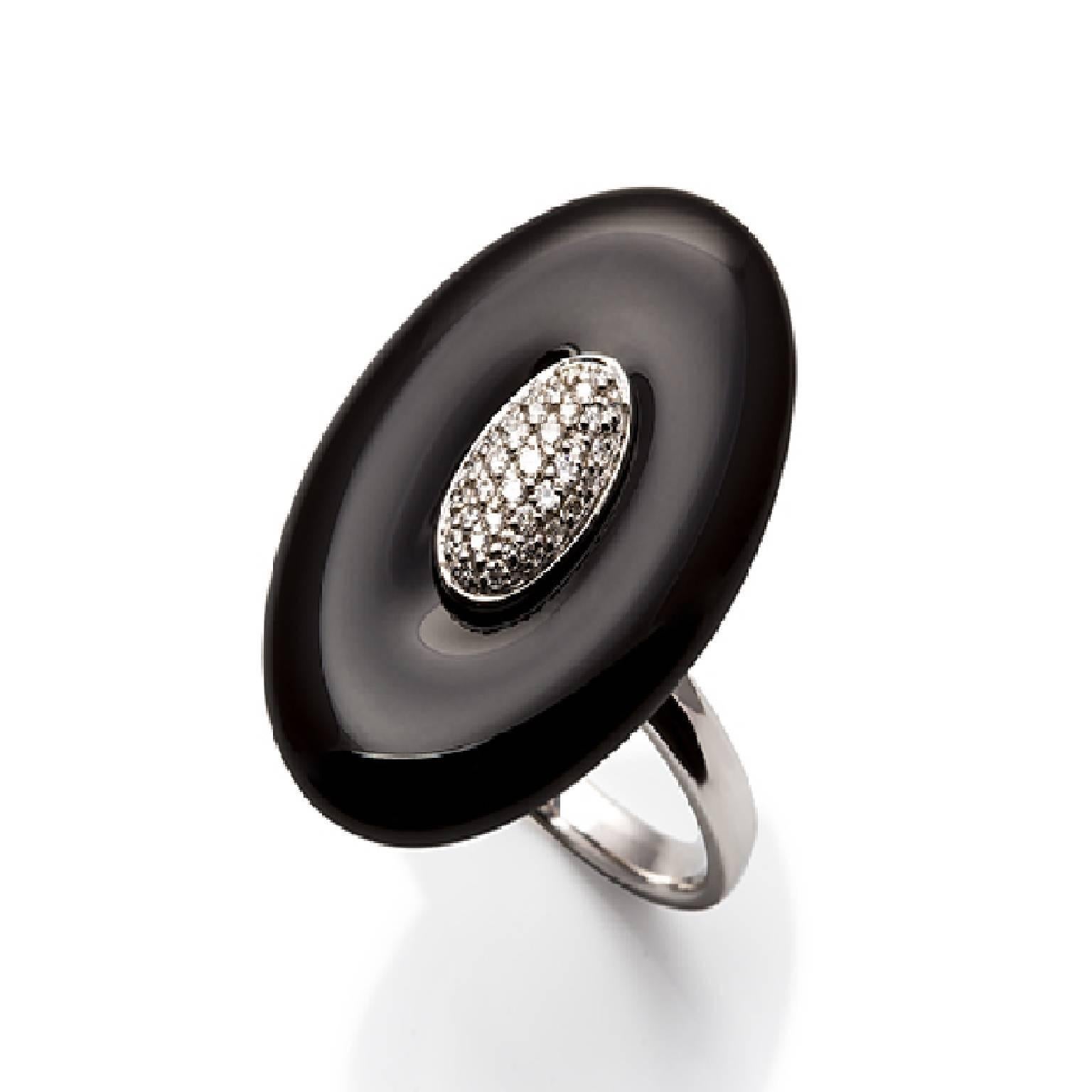 Art Deco Lust Pearls 0.18 Carat Diamond and Black Onyx White Gold Cocktail Ring For Sale