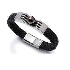Lust Men's Steel Leather Bracelet with Round Peacock Tahitian South Sea Pearl