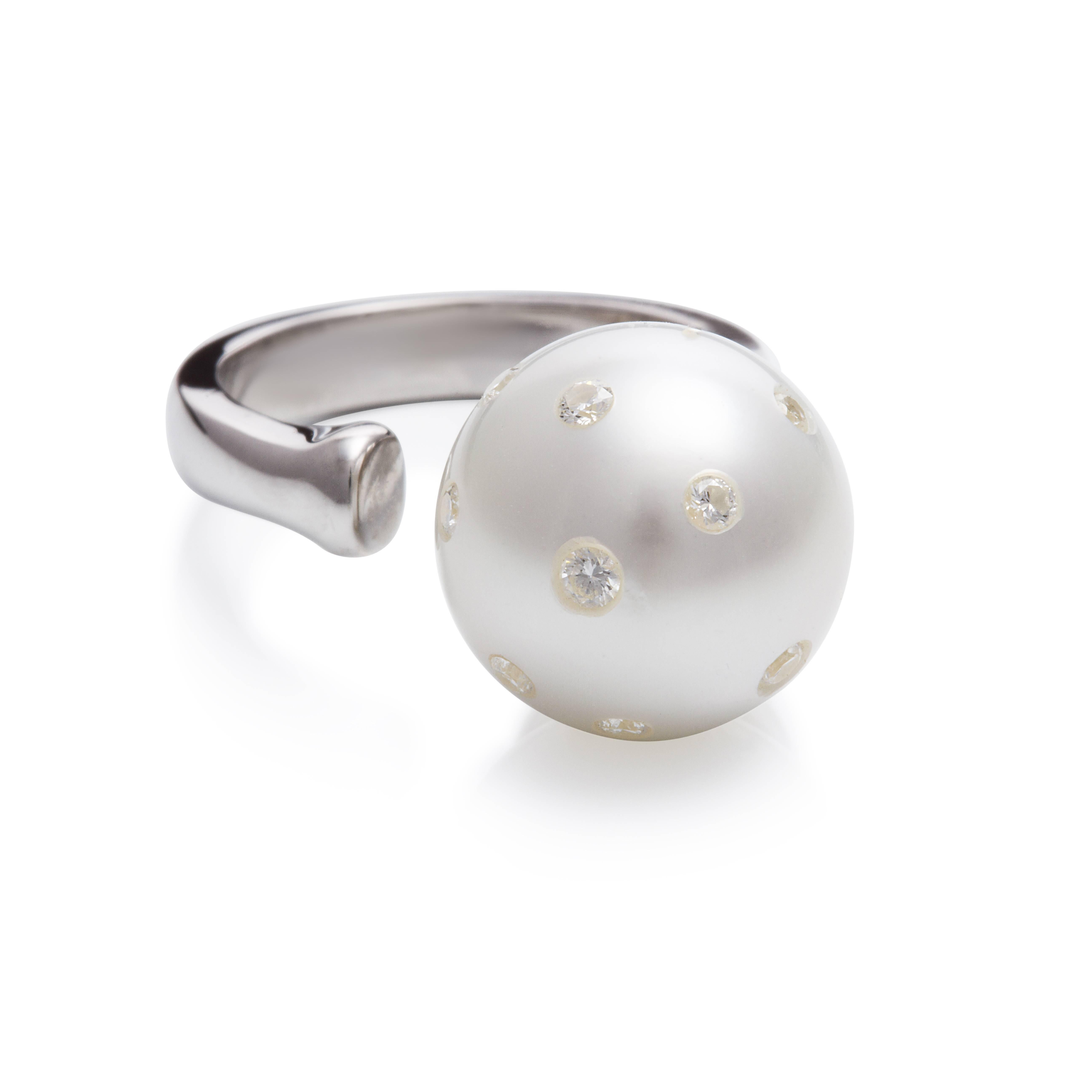 Modern Lust Pearls South Sea White Pearl 0.28 Carat White Diamond Cocktail Ring For Sale