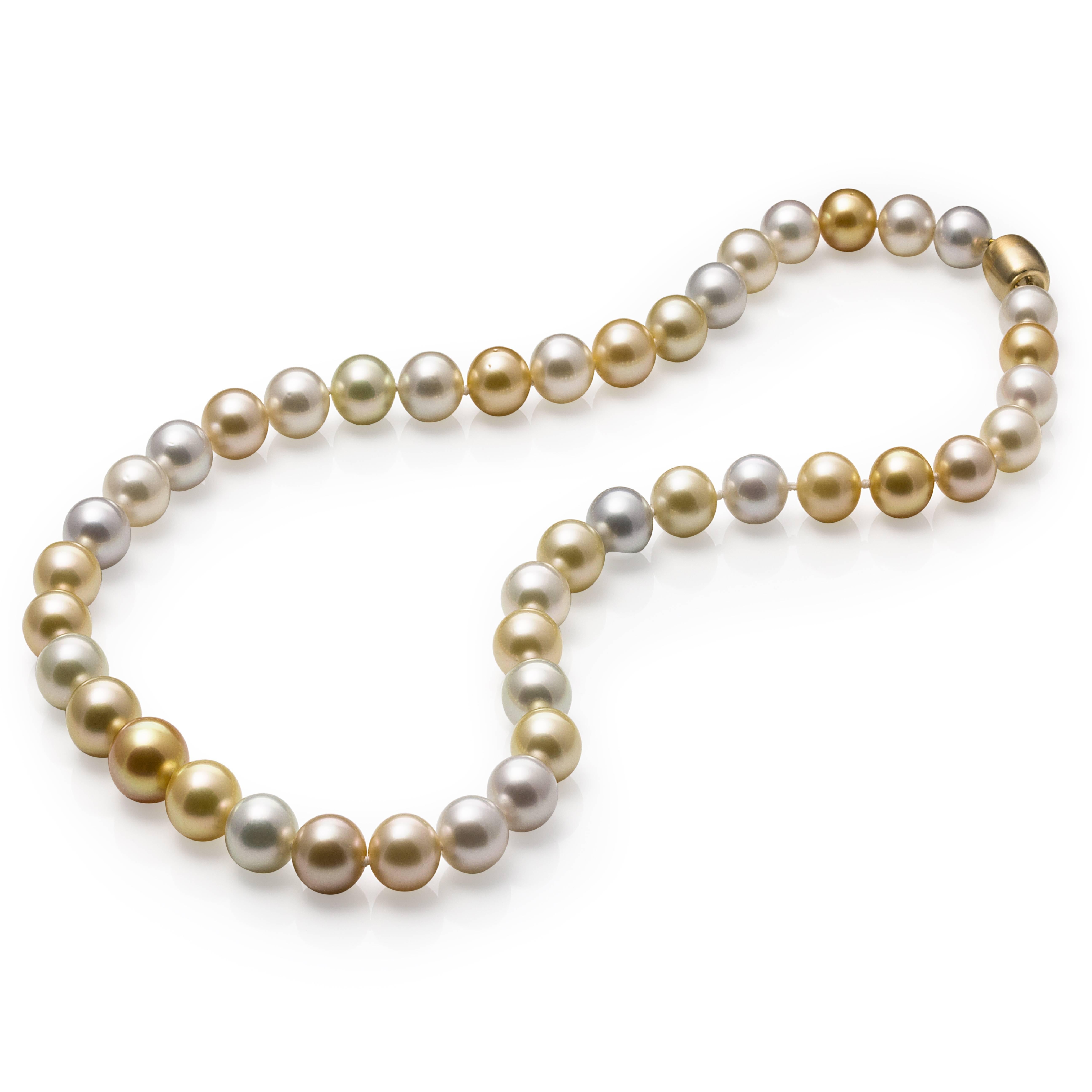 Beautiful fine quality South Sea Pearl Strand of 0.35 to .45 inches/9 mm - 11.6 mm near round shape, pearls clean of marks, fine pearl nacre, and very high luster with natural colors of white, silver and mix of golden colors.

Th strand is made up