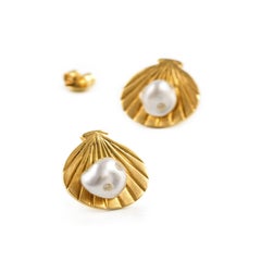 Gold Shell White Keshi South Sea Pearls White Diamonds Studs Earrings